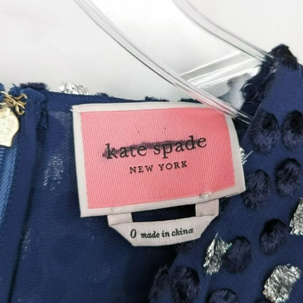 Kate Spade Scatter Dot Dress 6 Navy Silver Faux Wrap Ruffle Velvet Long Sleeve